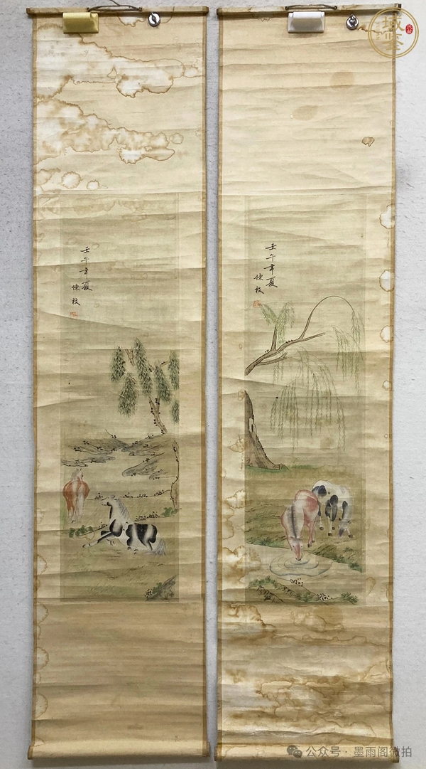 古玩字畫馬圖二條屏真品鑒賞圖