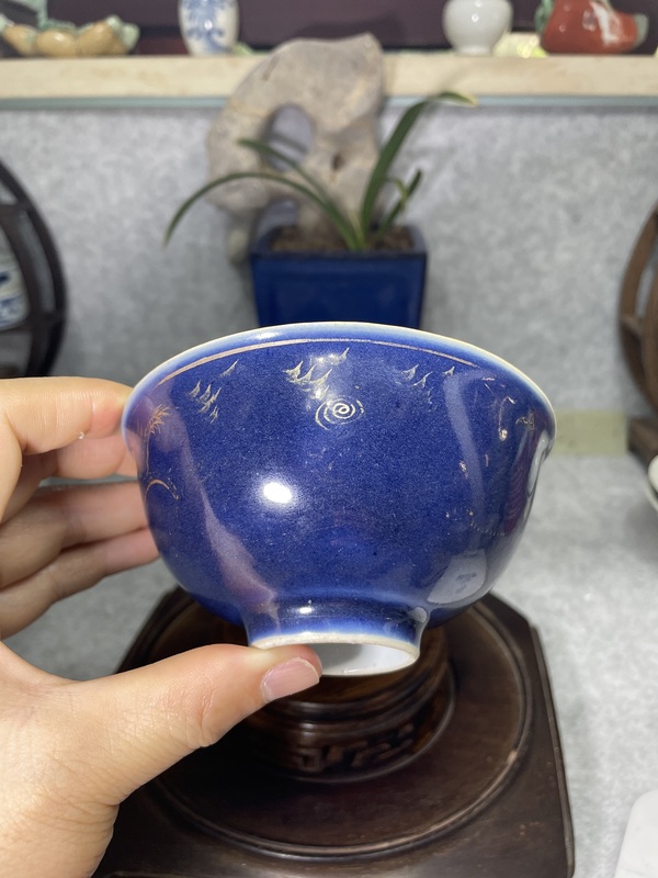 古玩陶瓷乾隆霽藍釉描金龍紋茶圓拍賣，當前價格3980元