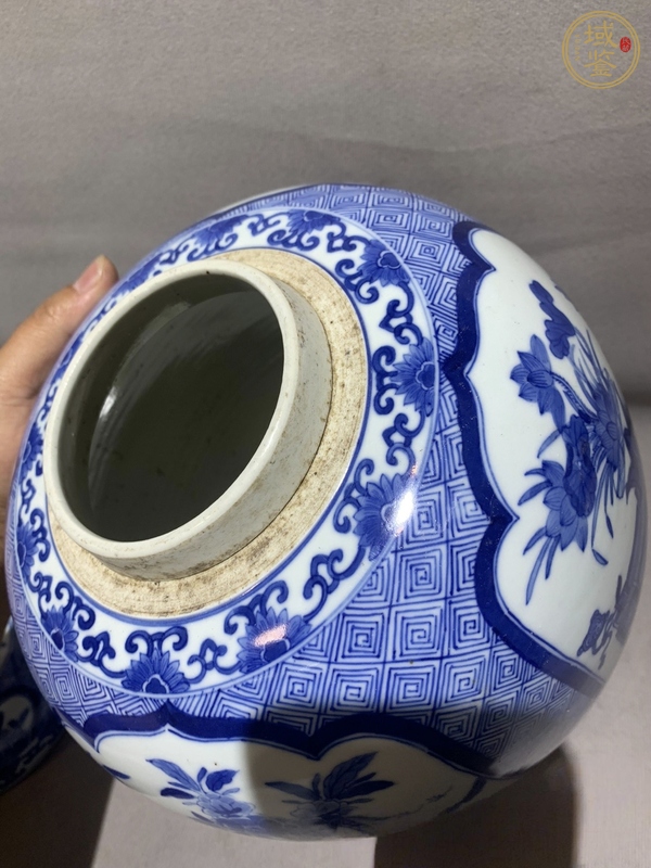 古玩陶瓷青花錦地開窗花鳥大罐真品鑒賞圖