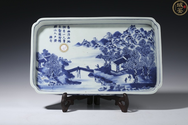 古玩陶瓷清道光 青花攜琴訪友圖山水詩文茶盤拍賣,當(dāng)前價(jià)格26888元