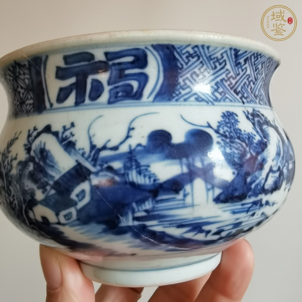 古玩陶瓷山水紋青花香爐真品鑒賞圖