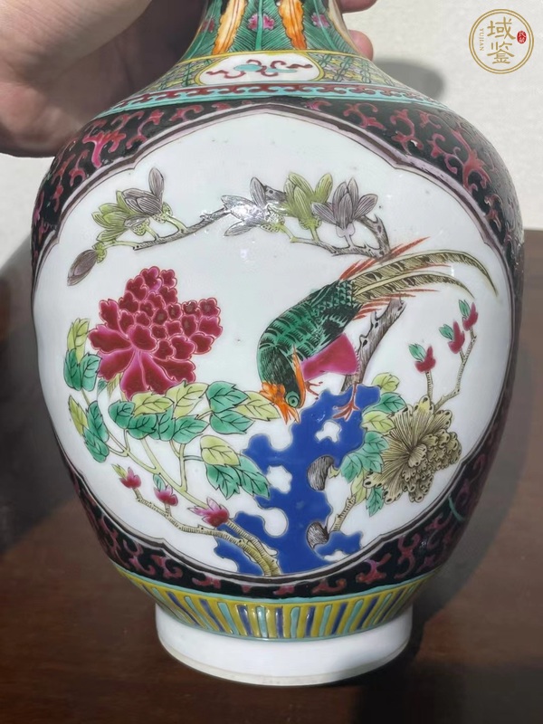 古玩陶瓷粉彩開(kāi)光花鳥(niǎo)紋撇口瓶真品鑒賞圖