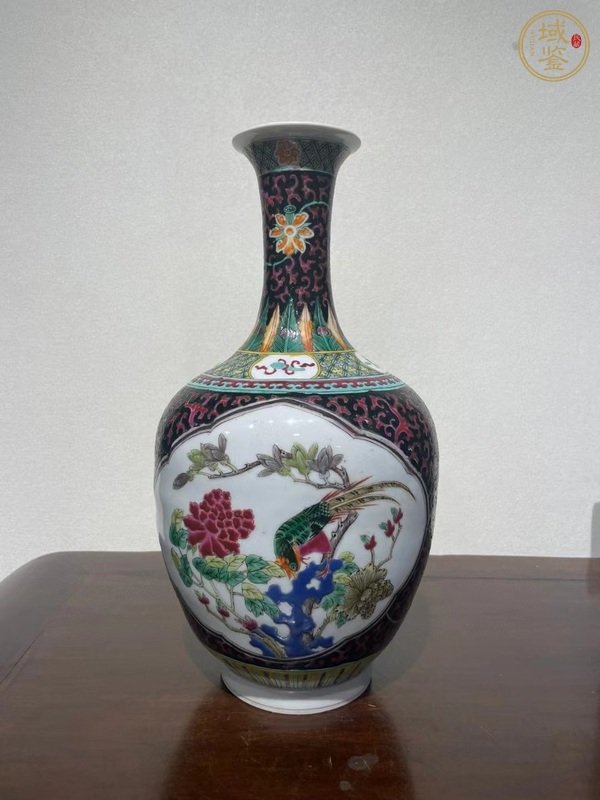 古玩陶瓷粉彩開光花鳥紋撇口瓶真品鑒賞圖