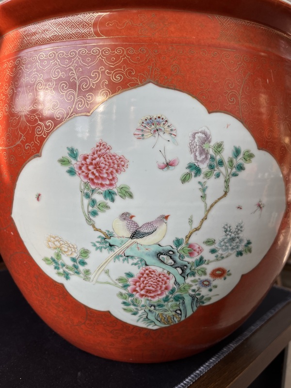古玩陶瓷礬紅描金開窗花鳥紋卷缸拍賣,當前價格35000元