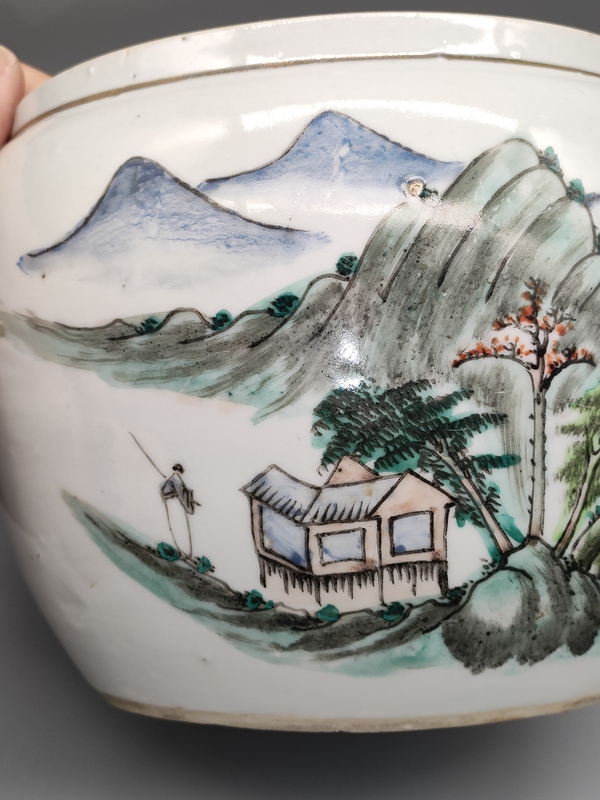 古玩陶瓷民國,淺絳彩山水人物紋粥罐拍賣,當前價格999元