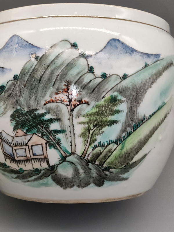 古玩陶瓷民國,淺絳彩山水人物紋粥罐拍賣,當前價格999元