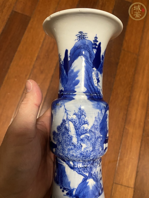 古玩陶瓷清光緒青花漁樵耕讀圖花觚真品鑒賞圖