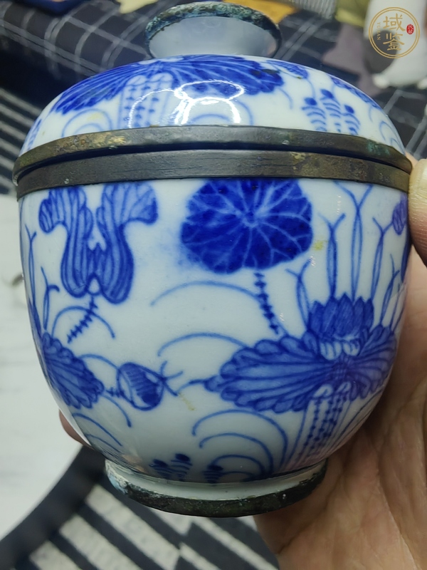 古玩陶瓷青花荷花紋蓋罐真品鑒賞圖