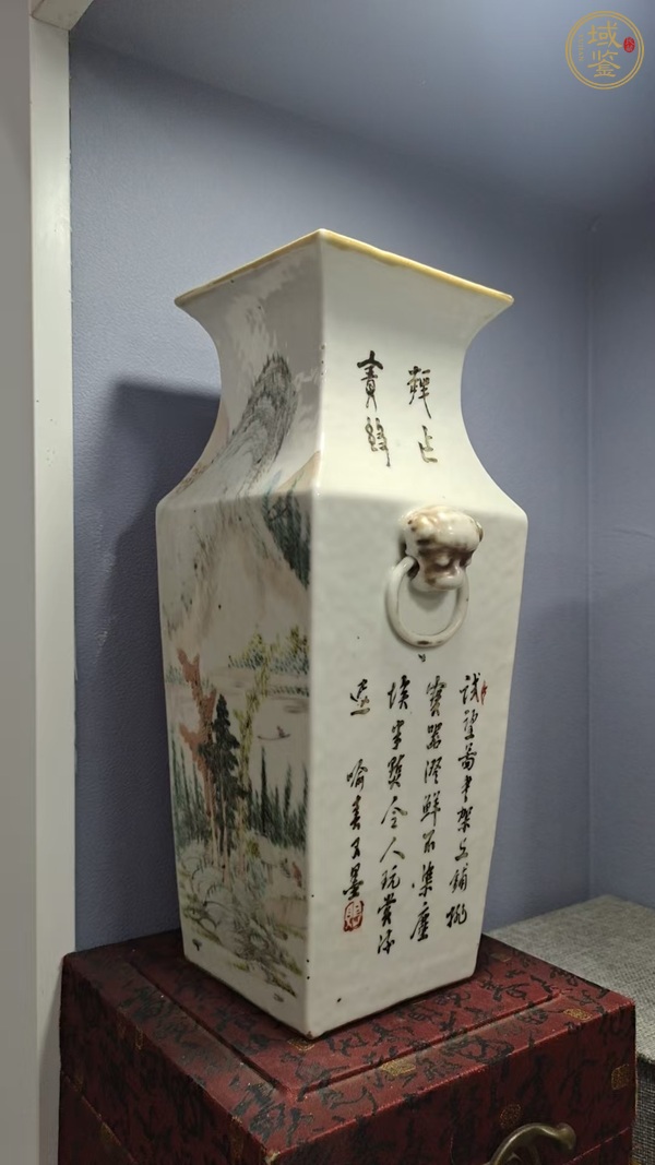 古玩陶瓷淺降花鳥山水詩文四方瓶真品鑒賞圖