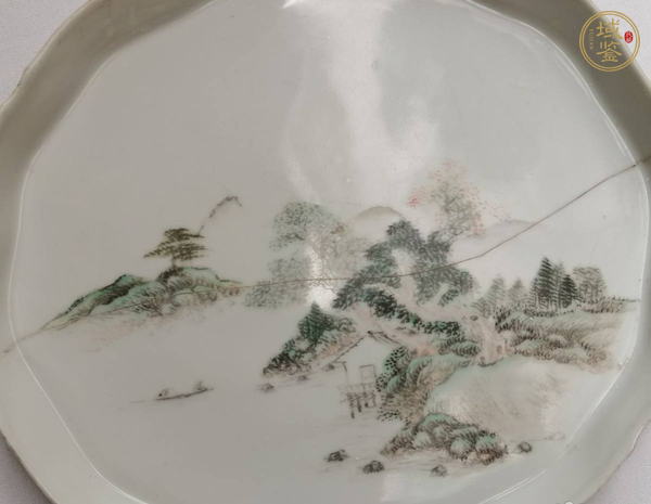 古玩陶瓷淺絳彩山水人物紋茶盤真品鑒賞圖