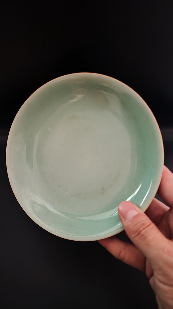 古玩陶瓷清中期豆青釉盤拍賣,當前價格420元