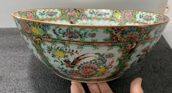 古玩陶瓷花鳥蝶紋潘趣碗真品鑒賞圖