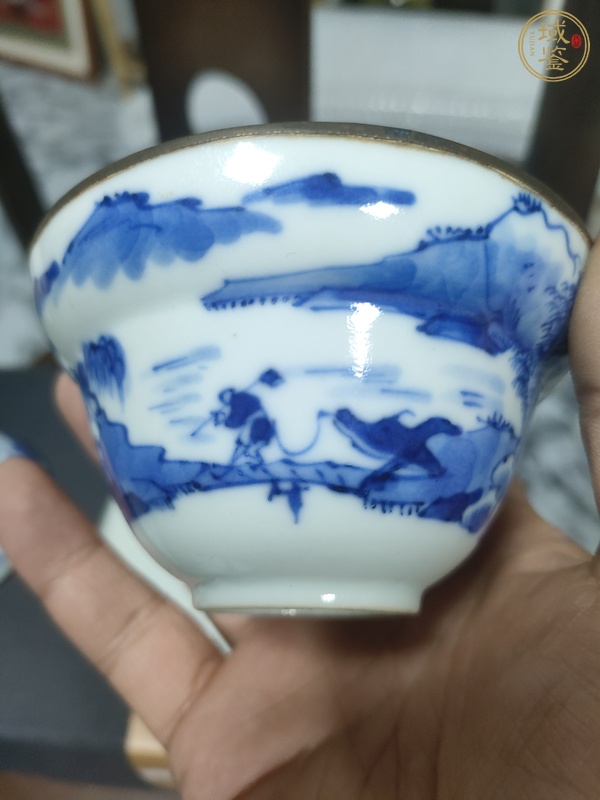 古玩陶瓷青花山水人物紋蓋碗真品鑒賞圖