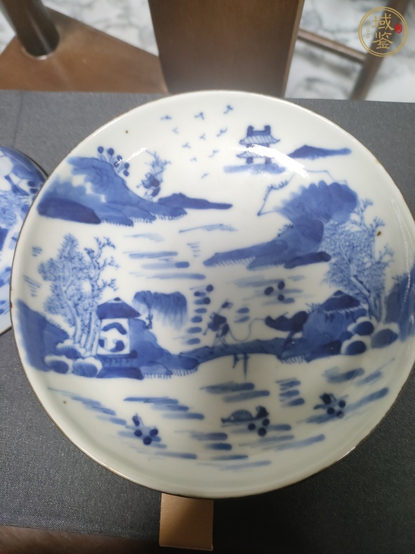 古玩陶瓷青花山水人物紋蓋碗真品鑒賞圖