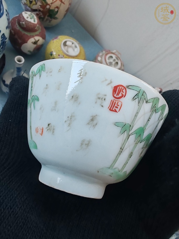 古玩陶瓷粉彩竹子詩(shī)文杯真品鑒賞圖