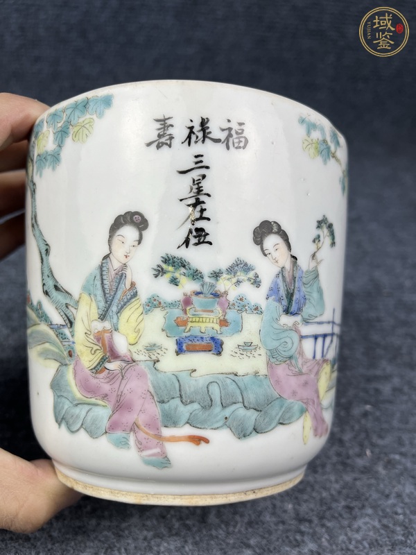 古玩陶瓷粉彩桃花美女改件花盆真品鑒賞圖