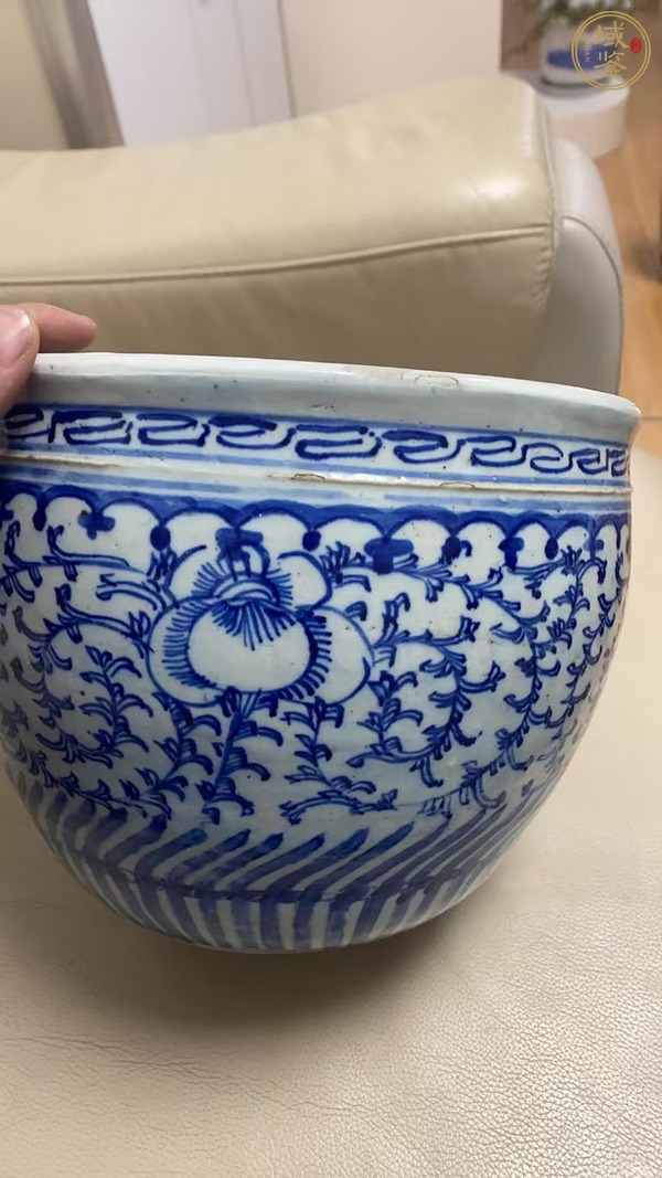 古玩陶瓷青花淡描花卉紋案缸真品鑒賞圖