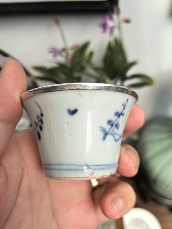 古玩陶瓷明成化青花花鳥馬蹄杯拍賣，當前價格1600元