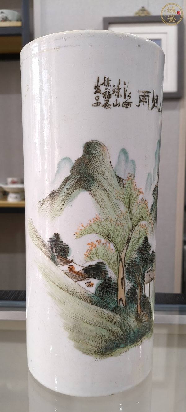 古玩陶瓷粉彩青綠山水紋帽筒真品鑒賞圖