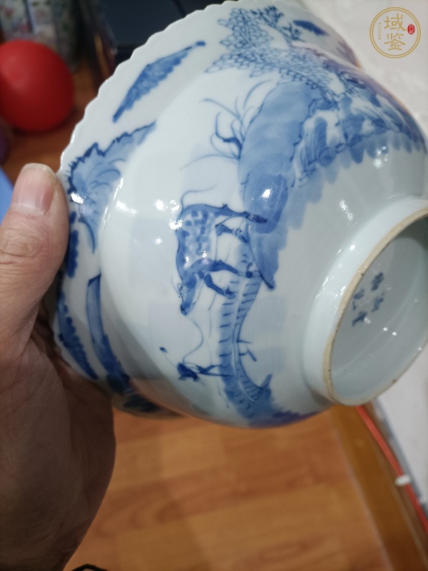 古玩陶瓷青花山水漁樵耕讀花口碗真品鑒賞圖