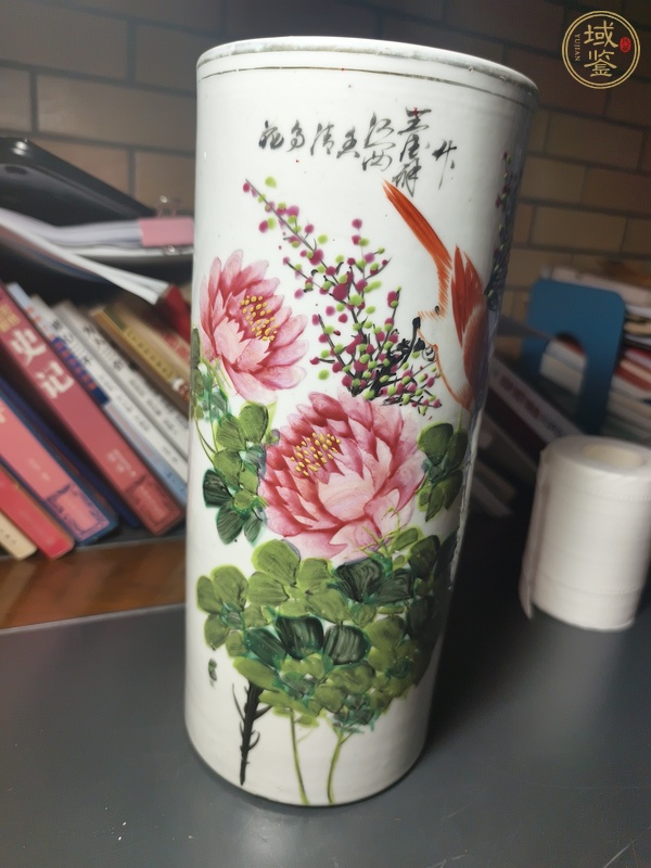 古玩陶瓷淺降油彩花鳥紋帽筒真品鑒賞圖