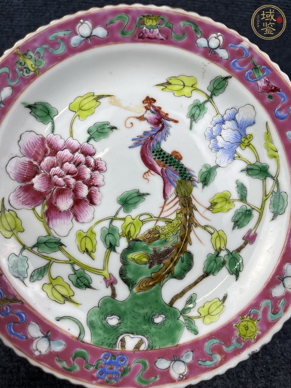 古玩陶瓷粉彩鳳棲牡丹花口盤真品鑒賞圖