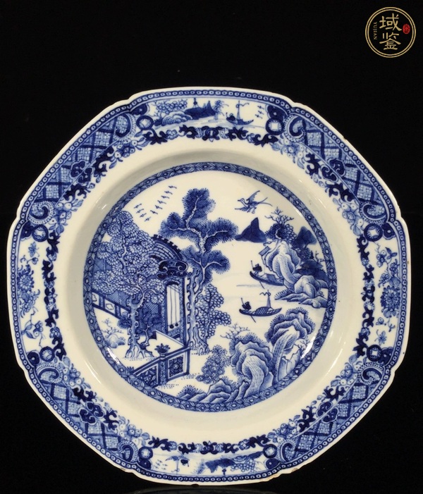 古玩陶瓷青花山水人物紋八方盤真品鑒賞圖