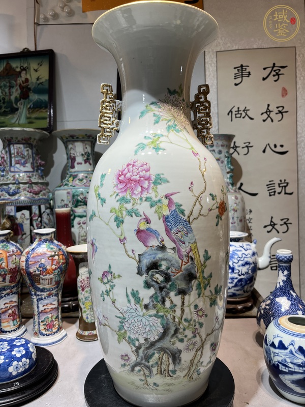 古玩陶瓷粉彩雉雞牡丹圖撇口瓶真品鑒賞圖