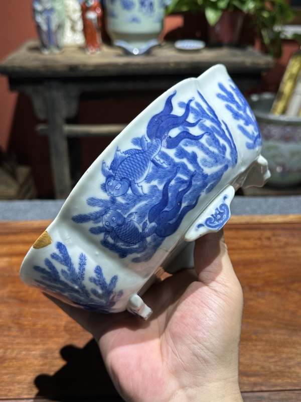 古玩陶瓷清代道光青花金玉滿堂紋高足水仙盆拍賣,當前價格12000元