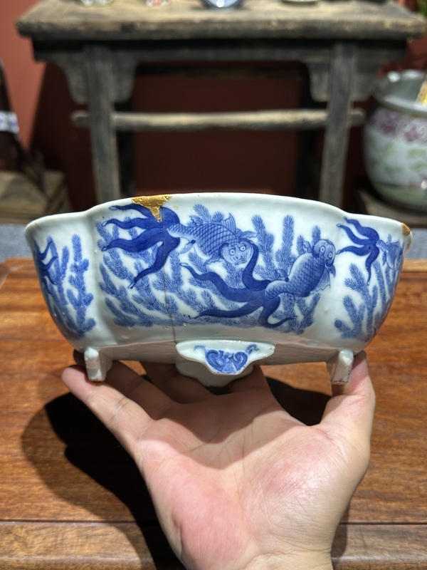 古玩陶瓷清代道光青花金玉滿堂紋高足水仙盆拍賣,當前價格12000元