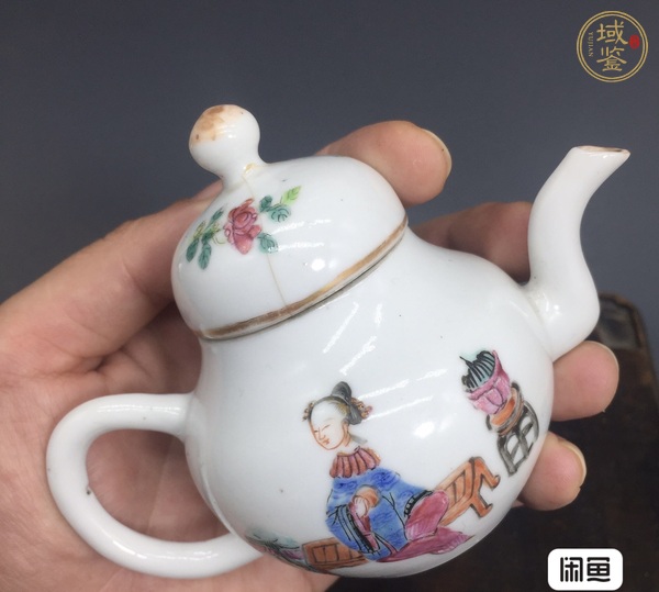 古玩陶瓷粉彩三娘教子圖茶壺真品鑒賞圖