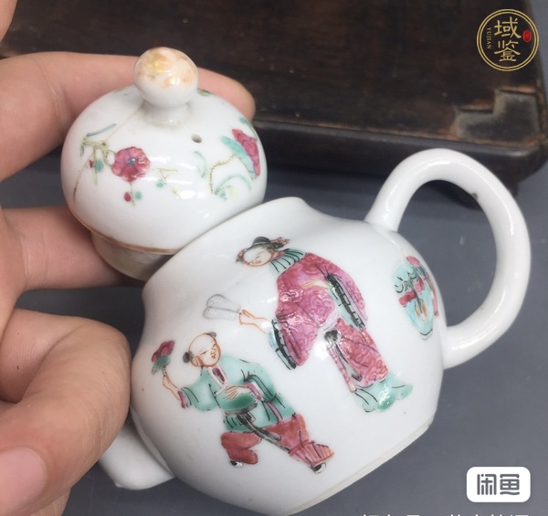 古玩陶瓷粉彩三娘教子圖茶壺真品鑒賞圖