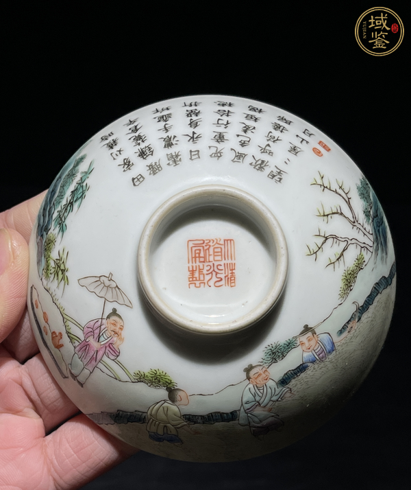 古玩陶瓷粉彩耕織圖蓋碗晚清加彩真品鑒賞圖