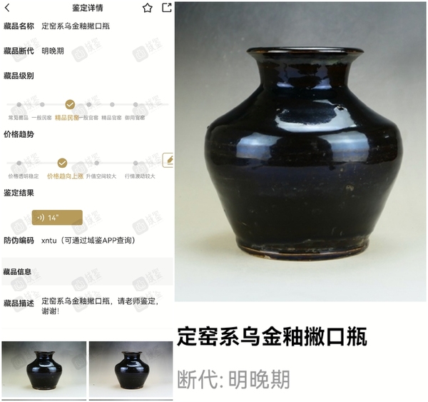 古玩陶瓷精品:明晚期定窯系烏金釉撇口瓶拍賣，當前價格196元