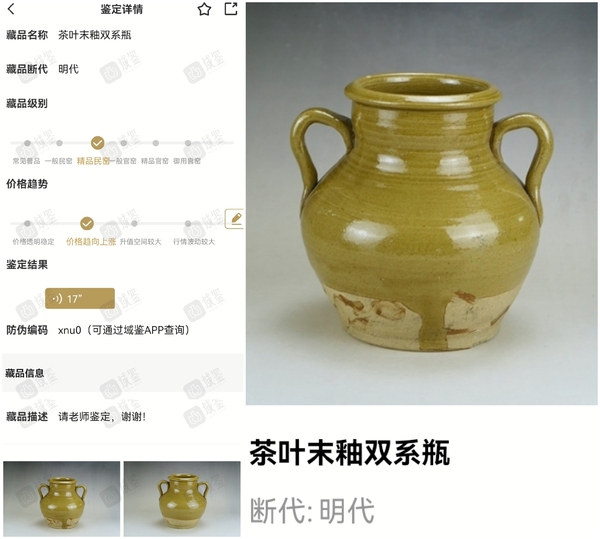 古玩陶瓷精品:明代茶葉末釉雙系瓶（1368年-1644年）拍賣(mài)，當(dāng)前價(jià)格1元