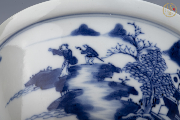 古玩陶瓷清乾隆·青花山水樓閣人物紋蓋碗真品鑒賞圖