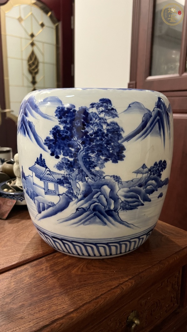 古玩山水紋青花卷缸真品鑒賞圖