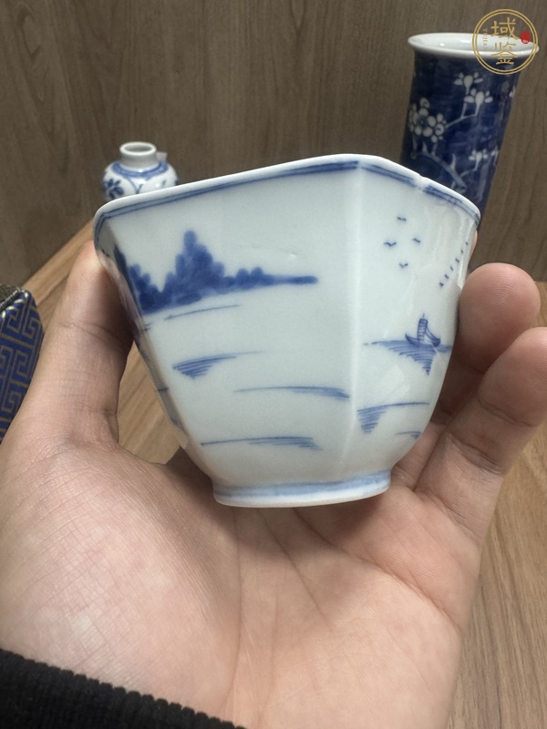 古玩陶瓷細路青花通景山水六棱杯真品鑒賞圖