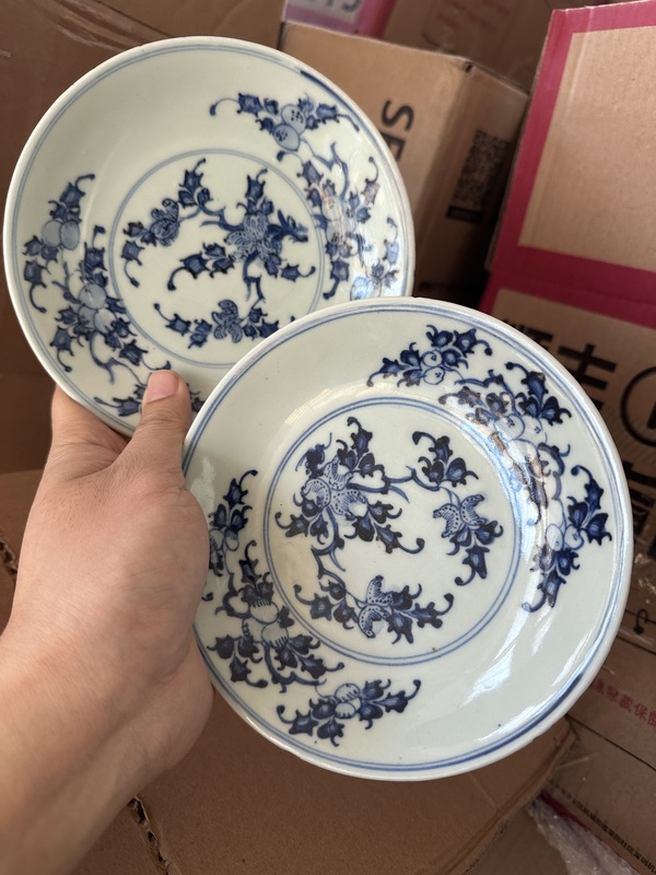 古玩陶瓷青花三多紋盤一對拍賣，當前價格3000元