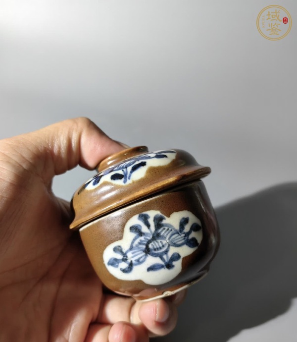 古玩陶瓷紫金釉開光花卉紋青花蓋缸真品鑒賞圖