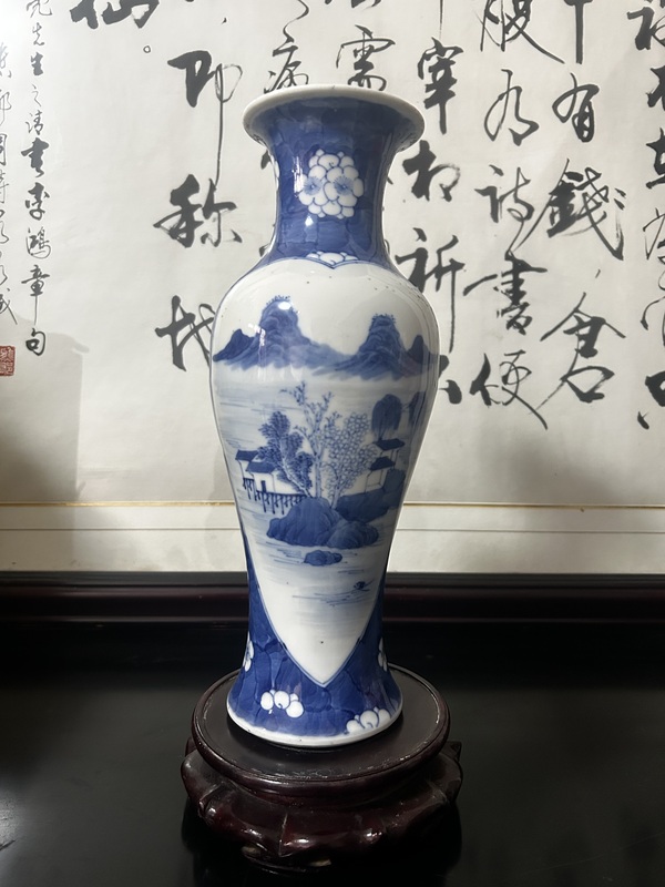 古玩陶瓷清晚期山水紋青花觀音瓶拍賣，當前價格1900元