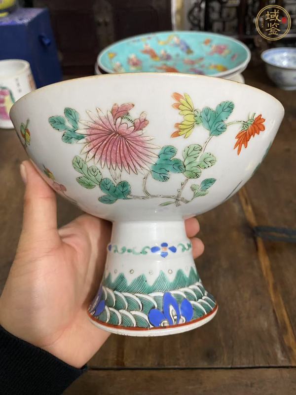 古玩陶瓷粉彩花卉高足碗真品鑒賞圖