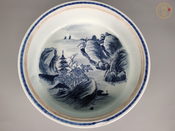 古玩陶瓷青花山水通景紋一品鍋真品鑒賞圖