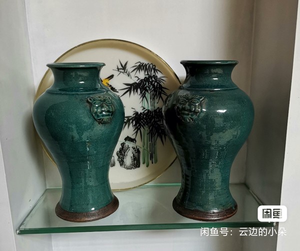 古玩陶瓷華寧陶獸頭綠玻璃釉撇口瓶拍賣，當前價格8600元