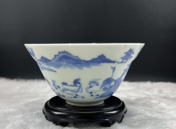 古玩陶瓷青花漁樵耕讀折沿茶圓拍賣,當前價格3600元