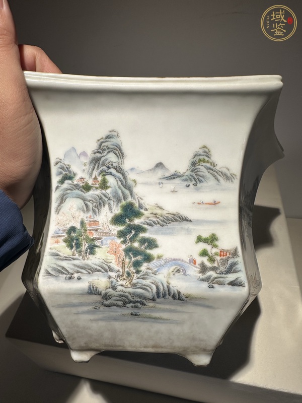 古玩陶瓷粉彩山水通景紋六方花盆真品鑒賞圖