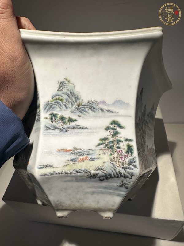 古玩陶瓷粉彩山水通景紋六方花盆真品鑒賞圖