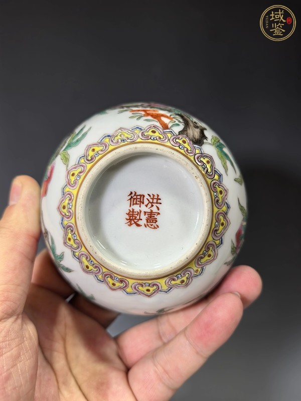 古玩陶瓷粉彩九桃茶碗，疑似后加款真品鑒賞圖