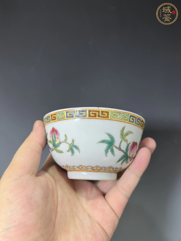 古玩陶瓷粉彩九桃茶碗，疑似后加款真品鑒賞圖