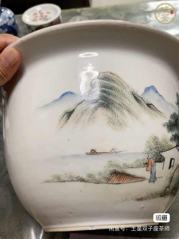 古玩陶瓷山水紋花盆真品鑒賞圖